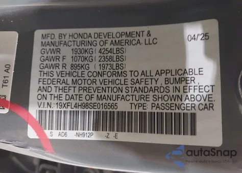 2025 Honda Civic Hybrid Sport Touring z USA, uszkodzony, nr VIN 19XFL4H98SE016565